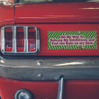 Load image into Gallery viewer, Green and cream checkerboard bumper sticker with pink text with song lyric, on a red car.