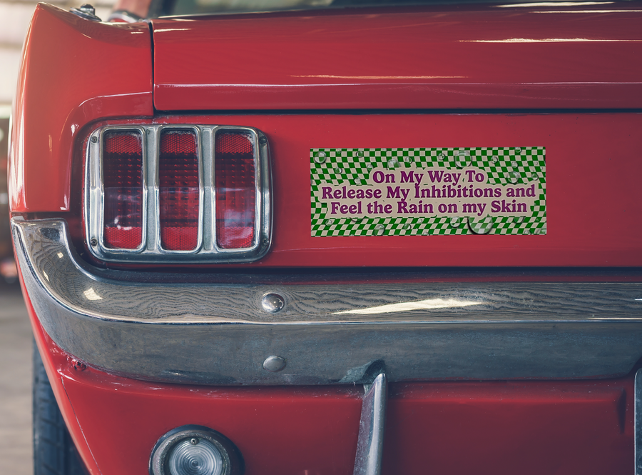 Green and cream checkerboard bumper sticker with pink text with song lyric, on a red car.